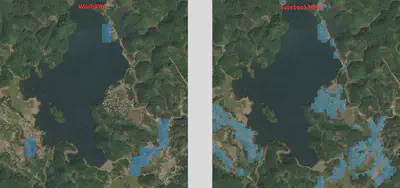 Hiển thị dữ liệu dân số của WorldPop (constrained) và Facebook HRPD năm 2020, khu vực Hồ Bảo Linh. Building footprint của HRPD chính xác hơn của WorldPop