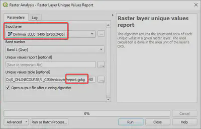 Thiết lập các tham số ở **Raster layer Unique values report**