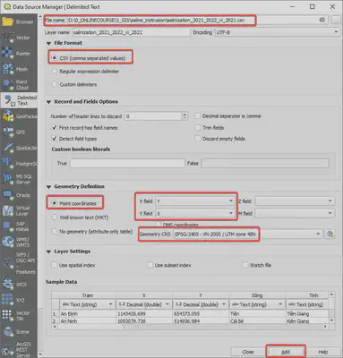 **Add Delimited Text** dữ liệu csv xâm nhập mặn đã tích hợp tọa độ