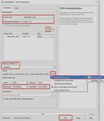 Thiết lập tham số chạy nội suy IDW Interpolation, ấn **Run**
