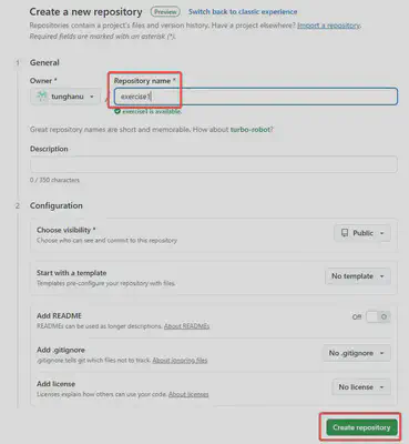 Đặt tên repo là exercise1