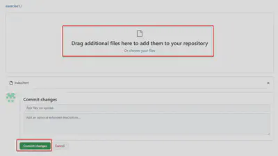 Chọn file index.html để tải lên và sau đó ấn **Commit Changes**