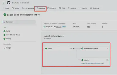 Chuyển sang menu **Actions** để check xem trong quá trình build trang có lỗi gì không. Khi tất cả các quá trình được tick xanh nghĩa là trang đã được build thành công