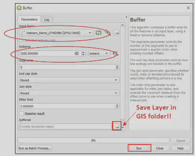 Thiết lập tham số tạo buffer 1 km cho mỗi vị trí đập thủy điện