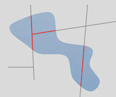 Ví dụ về cách sử dụng intersect: xác định các đoạn đường giao thông bị ngập bởi lũ (đường màu đỏ)