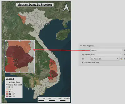 Đặt inset map vào vị trí và phóng to tỉnh Dak Lak